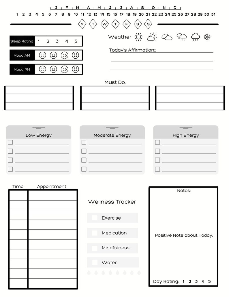 daily task, planner, mood, wellness tracker printable
